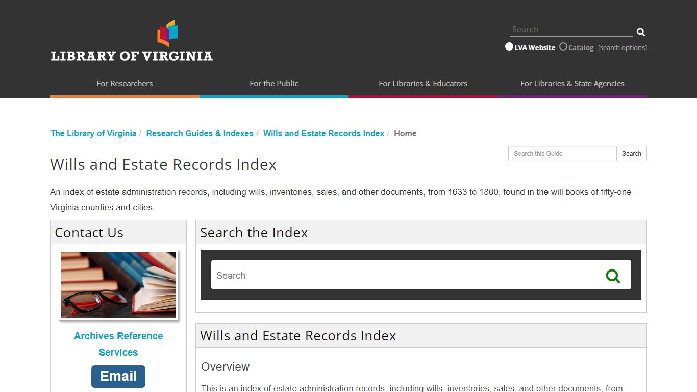 Research Guides & Indexes: Wills and Estate Records Index: Home