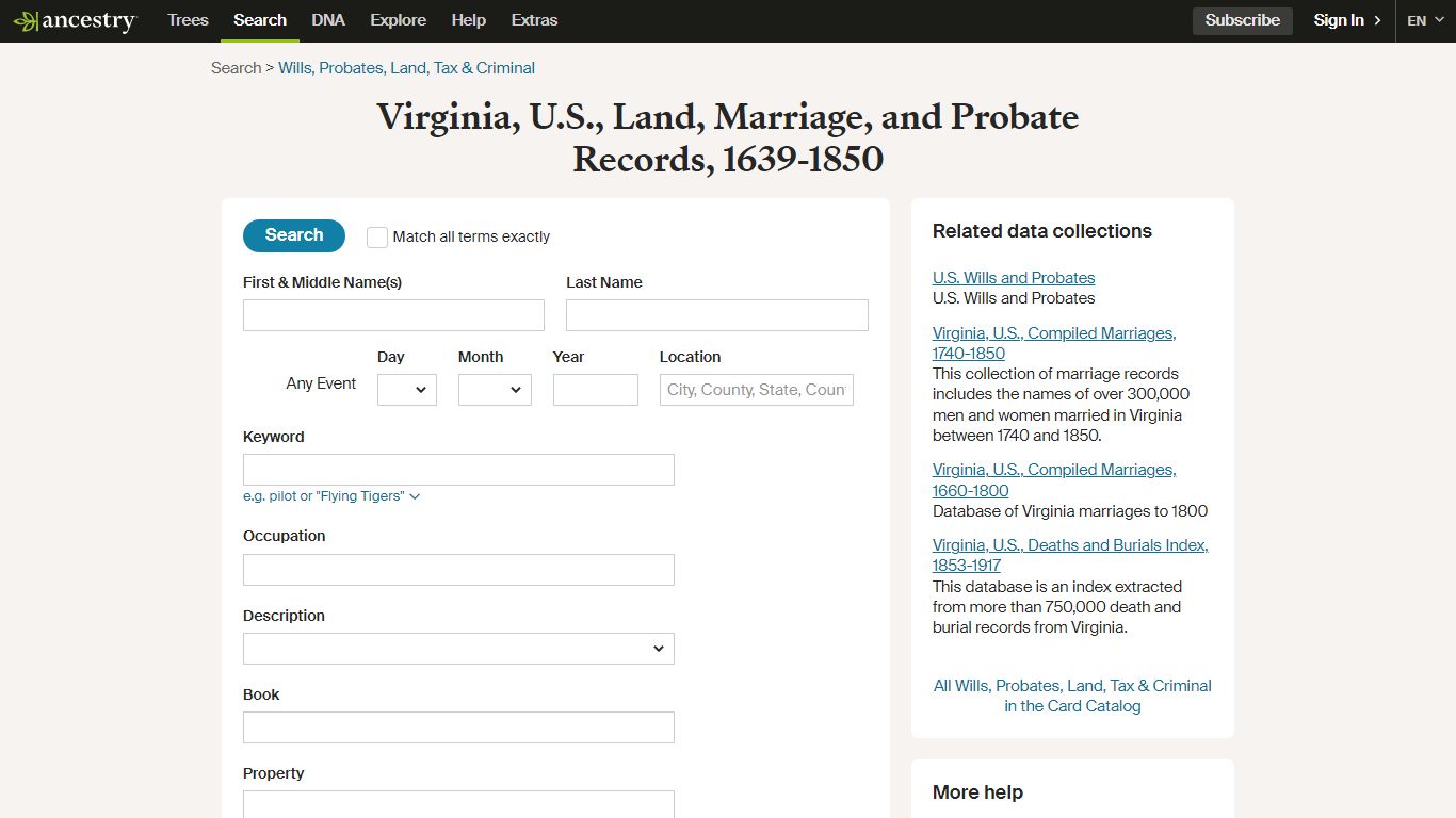 Virginia, U.S., Land, Marriage, and Probate Records, 1639-1850